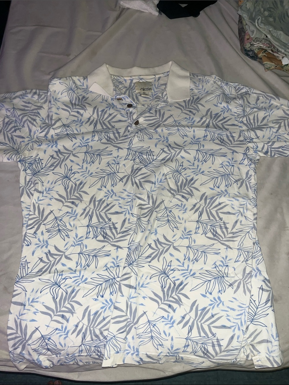 Men's White Polo with Light Blue and Gray Leaf Print